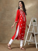 Load image into Gallery viewer, Seva Chikan Hand Embroidered Red Modal Cotton Kurta with Pant-SCL8014