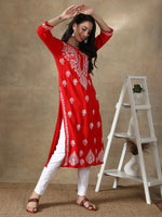 Load image into Gallery viewer, Seva Chikan Hand Embroidered Red Modal Cotton Kurta with Pant-SCL8014