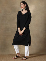 Load image into Gallery viewer, Seva Chikan Hand Embroidered Black Cotton Kurta With Pant-SCL8019