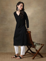 Load image into Gallery viewer, Seva Chikan Hand Embroidered Black Cotton Kurta With Pant-SCL8019