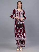 Load image into Gallery viewer, Seva Chikan Hand Embroidered Wine Rayon Lucknowi Chikankari Kurta Set-SCL8022