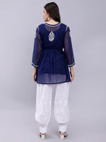 Load image into Gallery viewer, Seva Chikan Hand Embroidered Lucknowi Chikankari Navy Blue Georgette Top With Slip And White Afghani Salwar Set-SCL8034