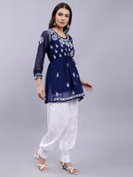 Load image into Gallery viewer, Seva Chikan Hand Embroidered Lucknowi Chikankari Navy Blue Georgette Top With Slip And White Afghani Salwar Set-SCL8034