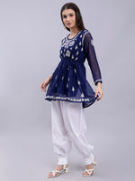 Load image into Gallery viewer, Seva Chikan Hand Embroidered Lucknowi Chikankari Navy Blue Georgette Top With Slip And White Afghani Salwar Set-SCL8034