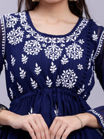 Load image into Gallery viewer, Seva Chikan Hand Embroidered Lucknowi Chikankari Navy Blue Georgette Top With Slip And White Afghani Salwar Set-SCL8034