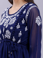 Load image into Gallery viewer, Seva Chikan Hand Embroidered Lucknowi Chikankari Navy Blue Georgette Top With Slip And White Afghani Salwar Set-SCL8034