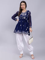 Load image into Gallery viewer, Seva Chikan Hand Embroidered Lucknowi Chikankari Navy Blue Georgette Top With Slip And White Afghani Salwar Set-SCL8034