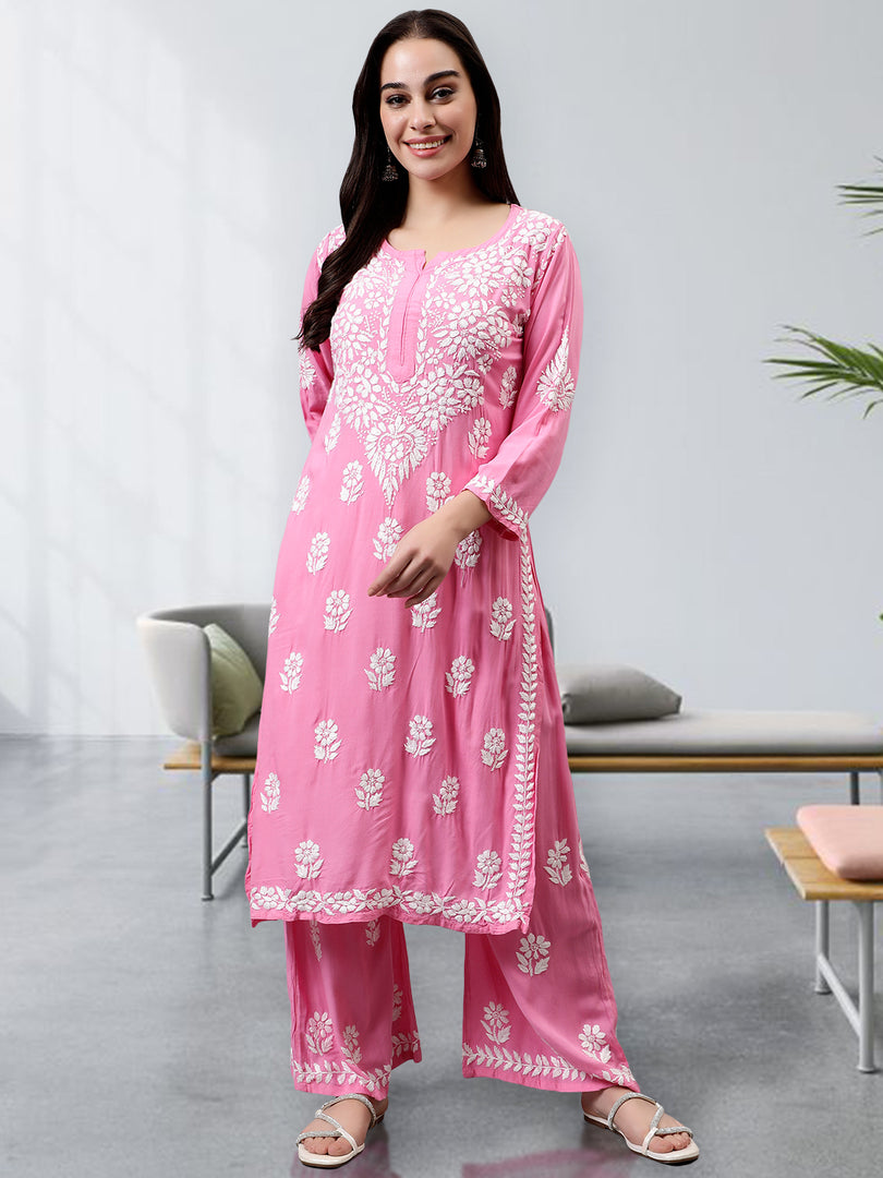 Seva Chikan Hand Embroidered Rayon Lucknowi Chikankari Kurta Set