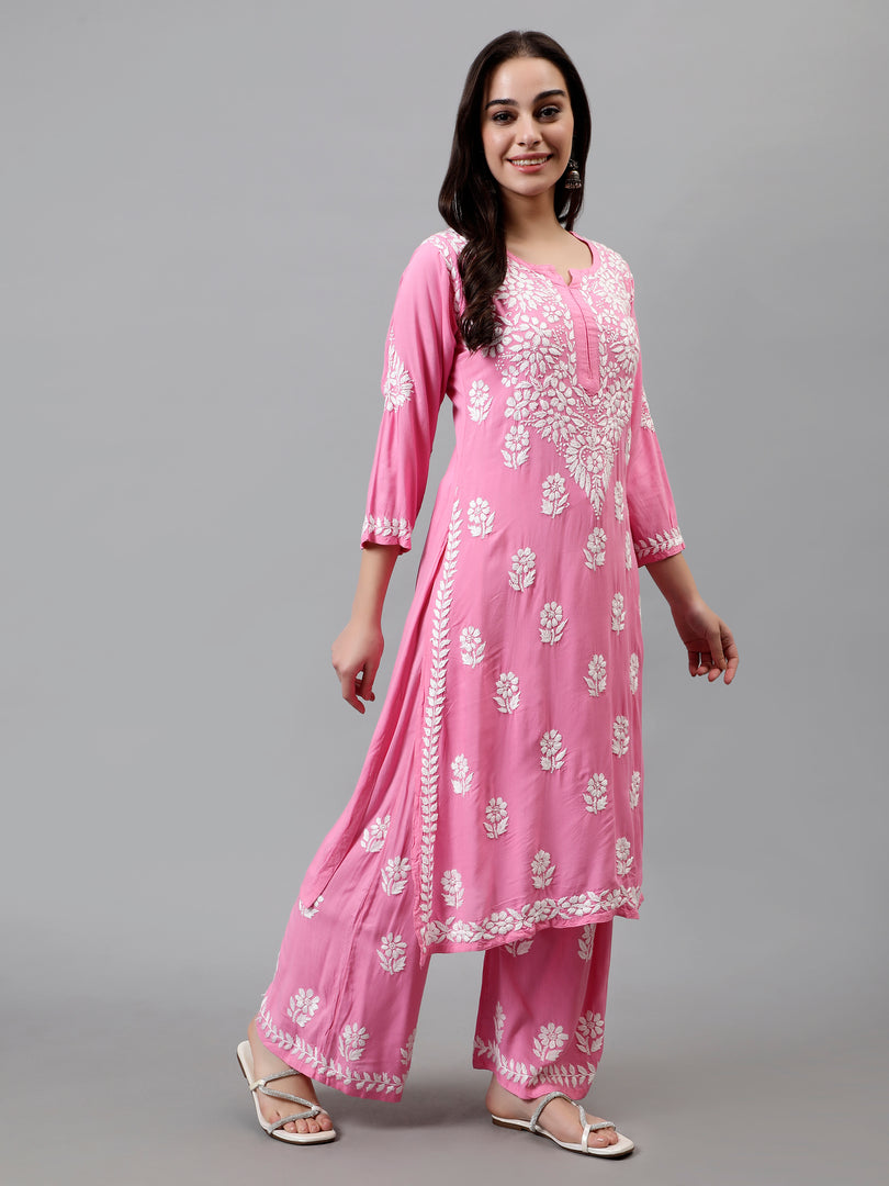 Seva Chikan Hand Embroidered Rayon Lucknowi Chikankari Kurta Set