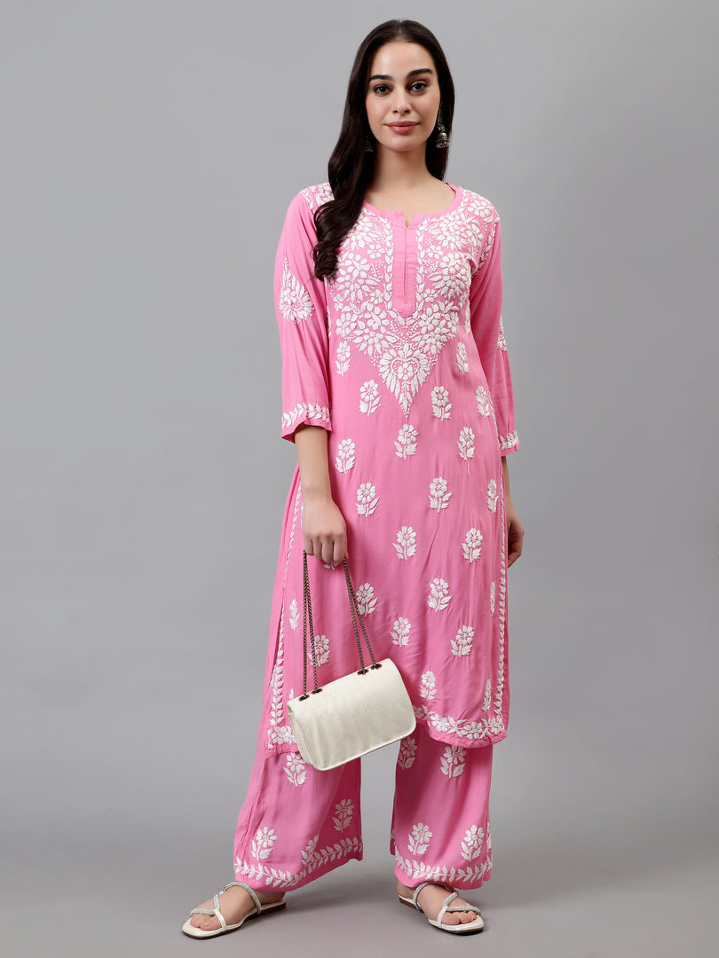 Seva Chikan Hand Embroidered Rayon Lucknowi Chikankari Kurta Set