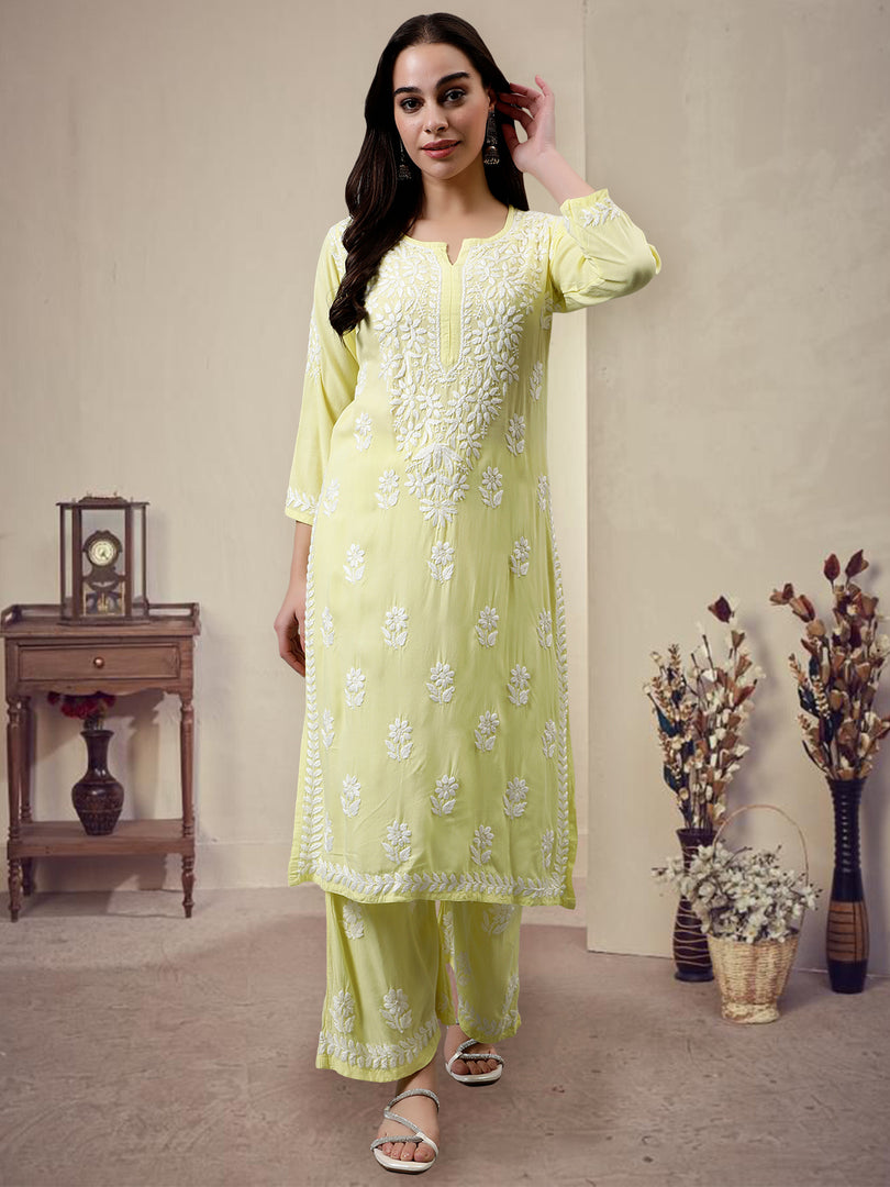 Seva Chikan Hand Embroidered Rayon Lucknowi Chikankari Kurta Set