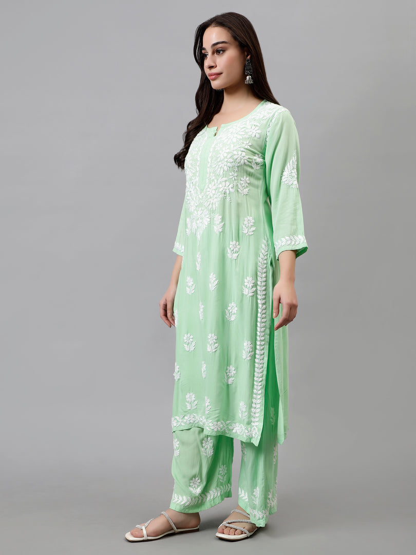 Seva Chikan Hand Embroidered Rayon Lucknowi Chikankari Kurta Set
