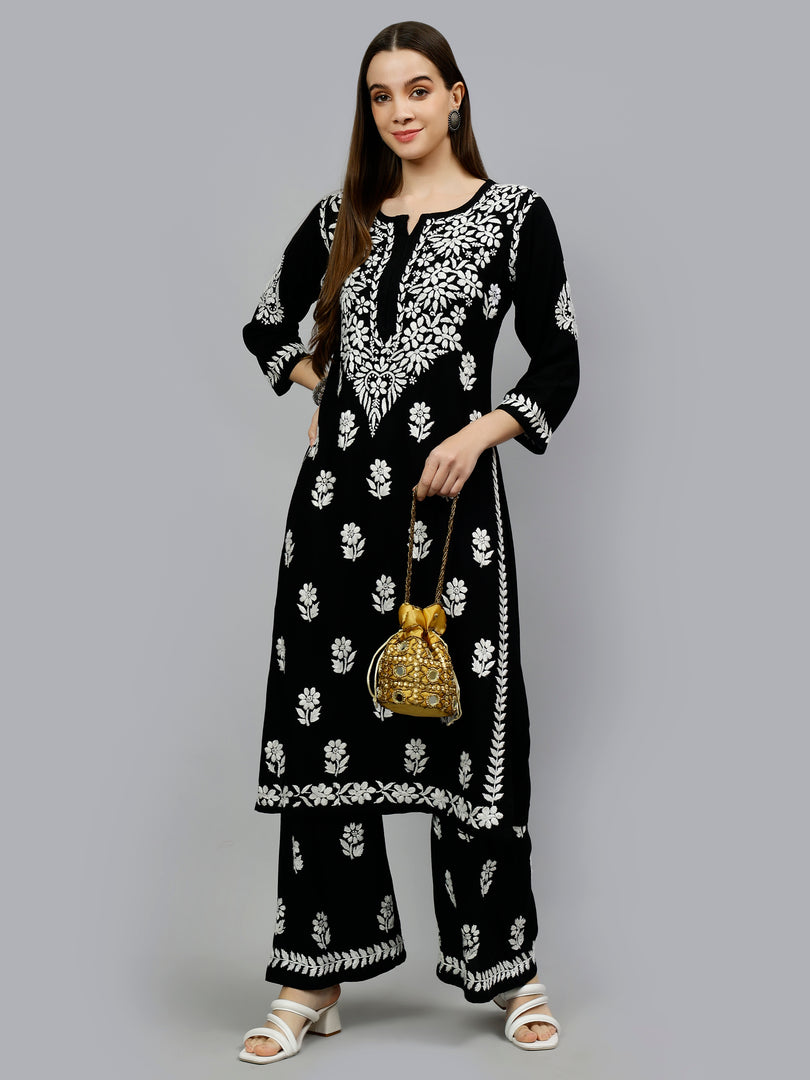 Seva Chikan Hand Embroidered Rayon Lucknowi Chikankari Kurta Set