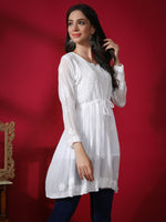 Load image into Gallery viewer, Seva Chikan Hand Embroidered White Viscose Georgette Lucknowi Chikan Top With Slip-SCL9010