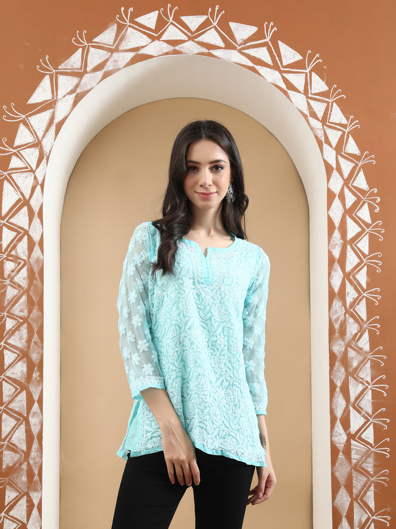 Seva Chikan Hand Embroidered Georgette Lucknowi Chikan Top With Slip