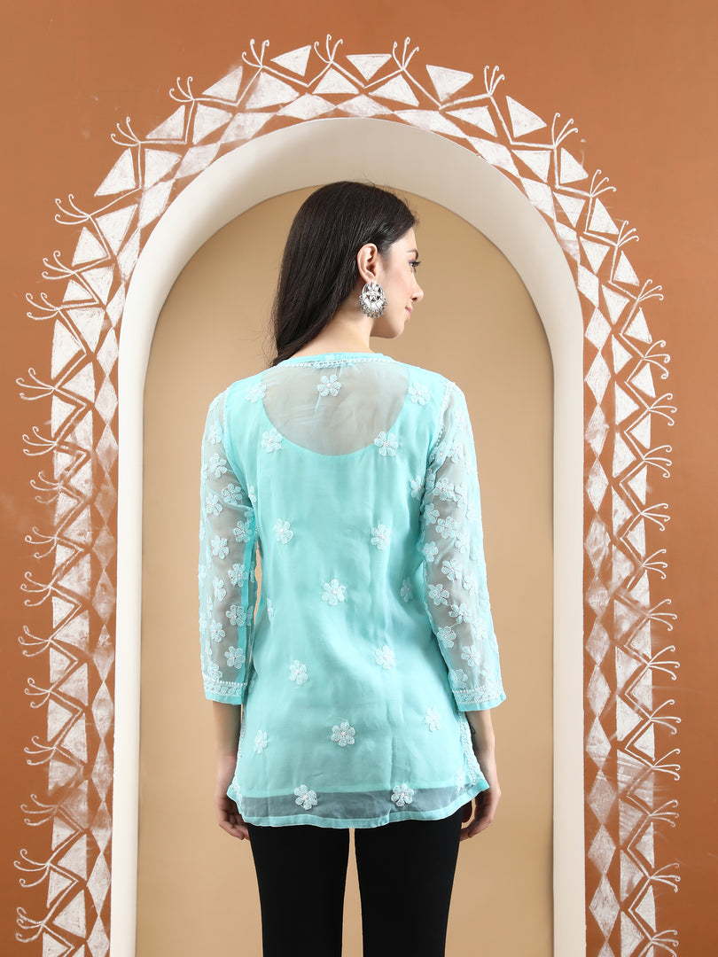 Seva Chikan Hand Embroidered Georgette Lucknowi Chikan Top With Slip