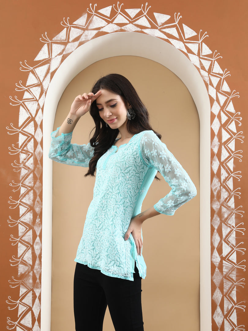 Seva Chikan Hand Embroidered Georgette Lucknowi Chikan Top With Slip