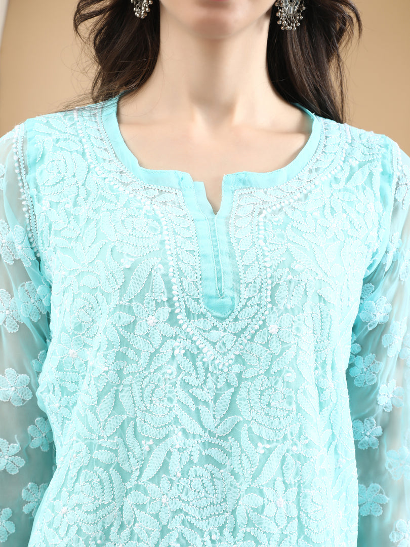 Seva Chikan Hand Embroidered Georgette Lucknowi Chikan Top With Slip