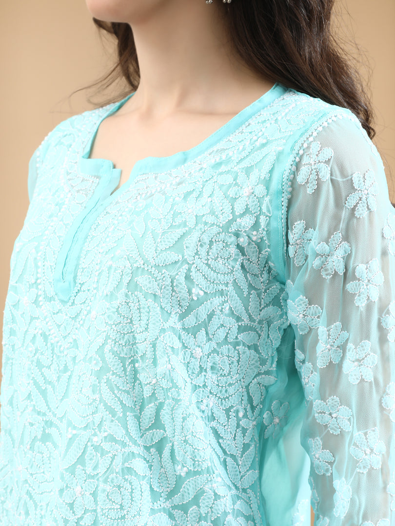 Seva Chikan Hand Embroidered Georgette Lucknowi Chikan Top With Slip