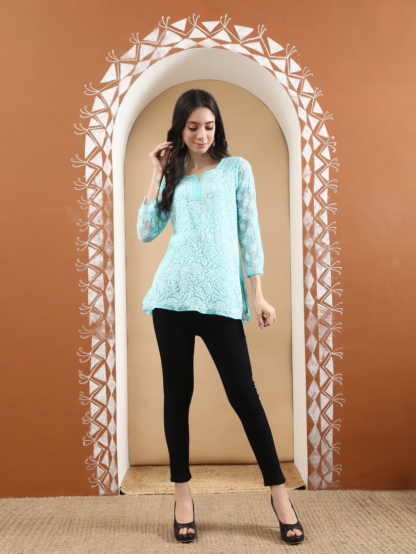 Seva Chikan Hand Embroidered Georgette Lucknowi Chikan Top With Slip