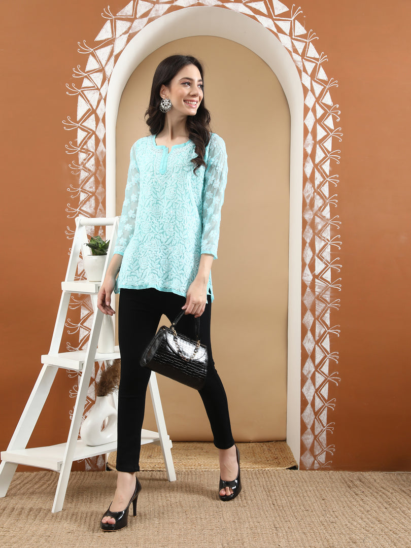 Seva Chikan Hand Embroidered Georgette Lucknowi Chikan Top With Slip