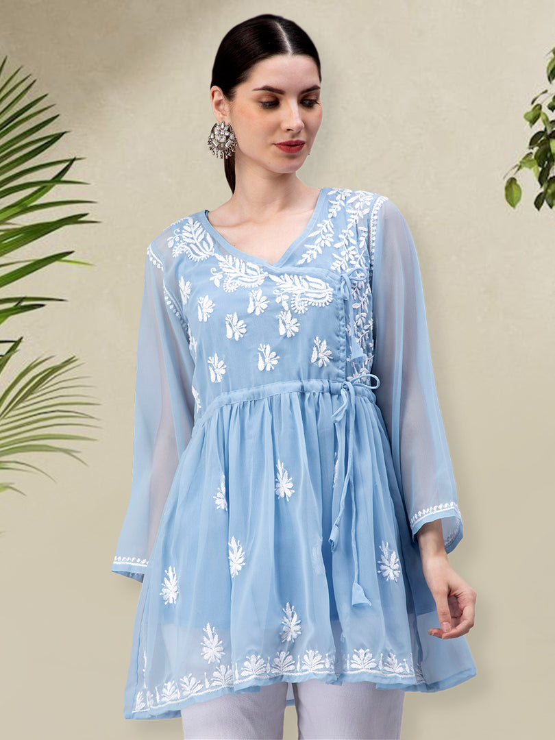 Seva Chikan Hand Embroidered Georgette Lucknowi Chikankari Top With Slip