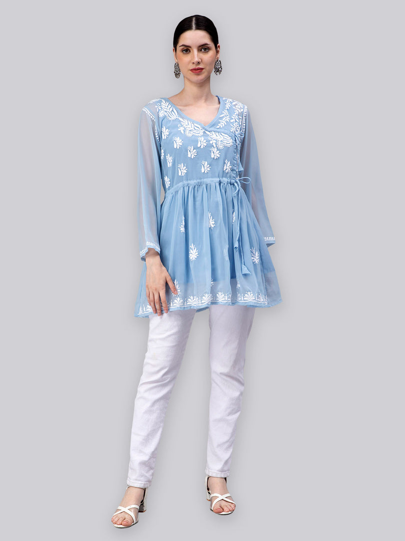 Seva Chikan Hand Embroidered Georgette Lucknowi Chikankari Top With Slip
