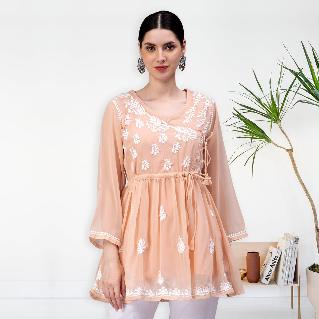 Seva Chikan Hand Embroidered Georgette Lucknowi Chikankari Top With Slip