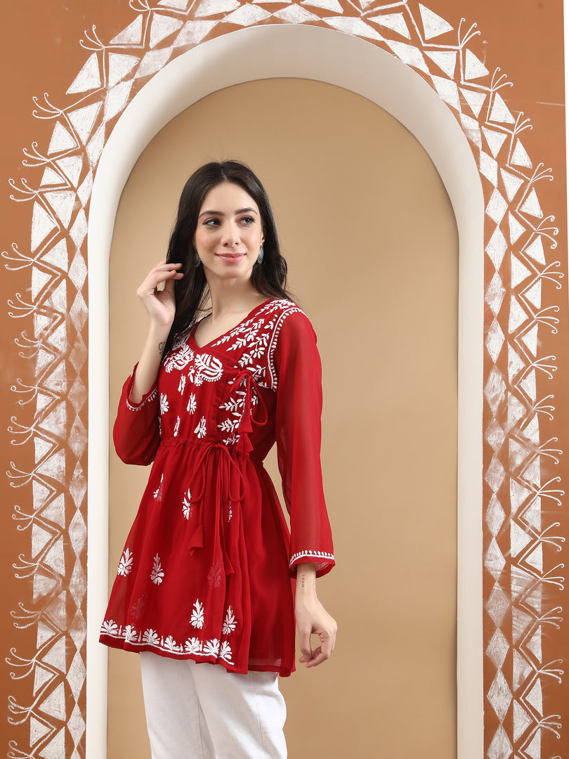 Seva Chikan Hand Embroidered Georgette Lucknowi Chikankari Top With Slip