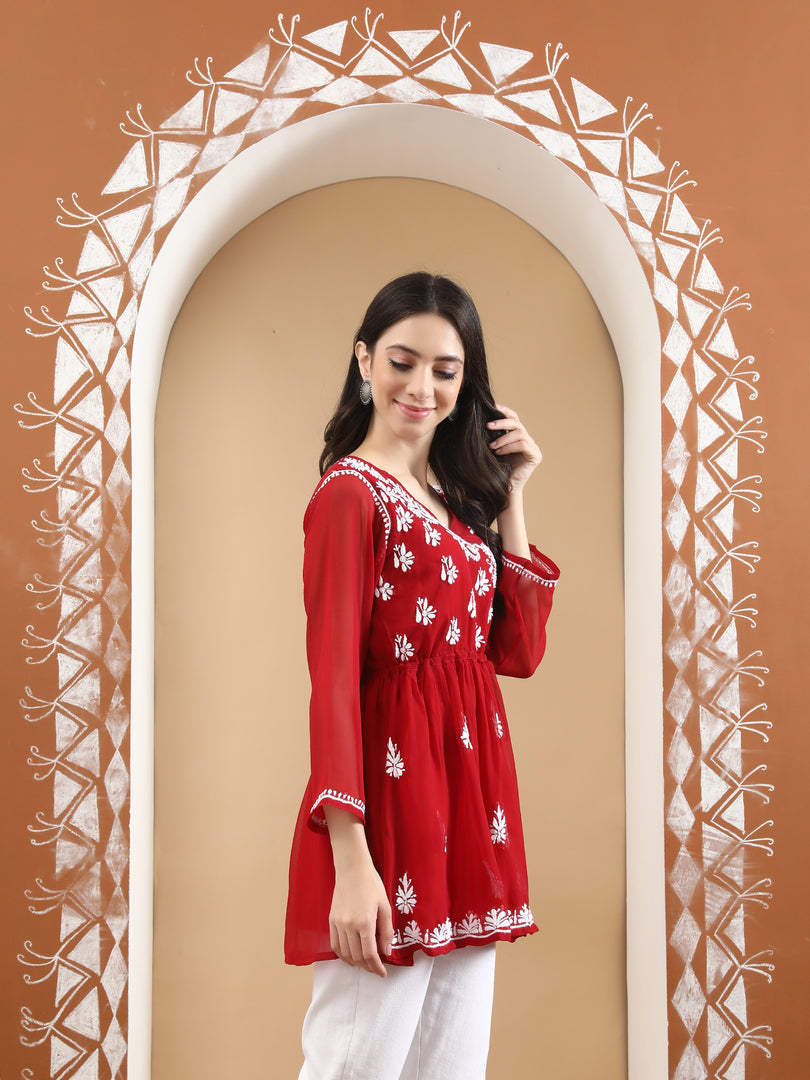 Seva Chikan Hand Embroidered Georgette Lucknowi Chikankari Top With Slip