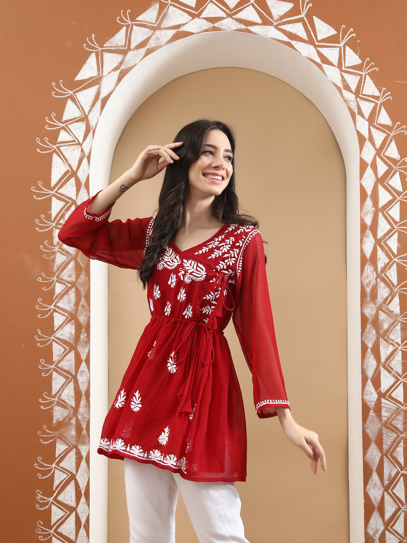 Seva Chikan Hand Embroidered Georgette Lucknowi Chikankari Top With Slip
