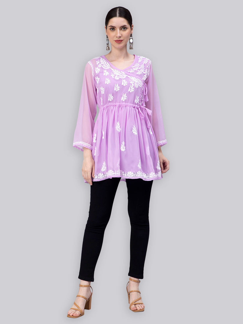 Seva Chikan Hand Embroidered Georgette Lucknowi Chikankari Top With Slip