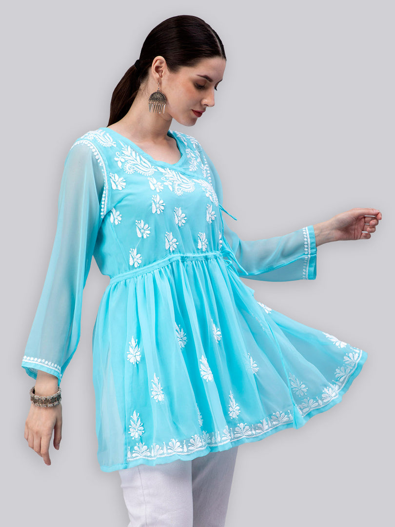 Seva Chikan Hand Embroidered Georgette Lucknowi Chikankari Top With Slip