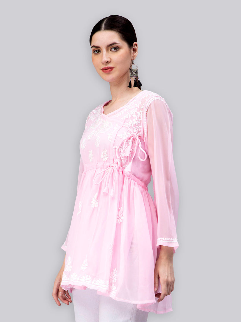 Seva Chikan Hand Embroidered Georgette Lucknowi Chikankari Top With Slip