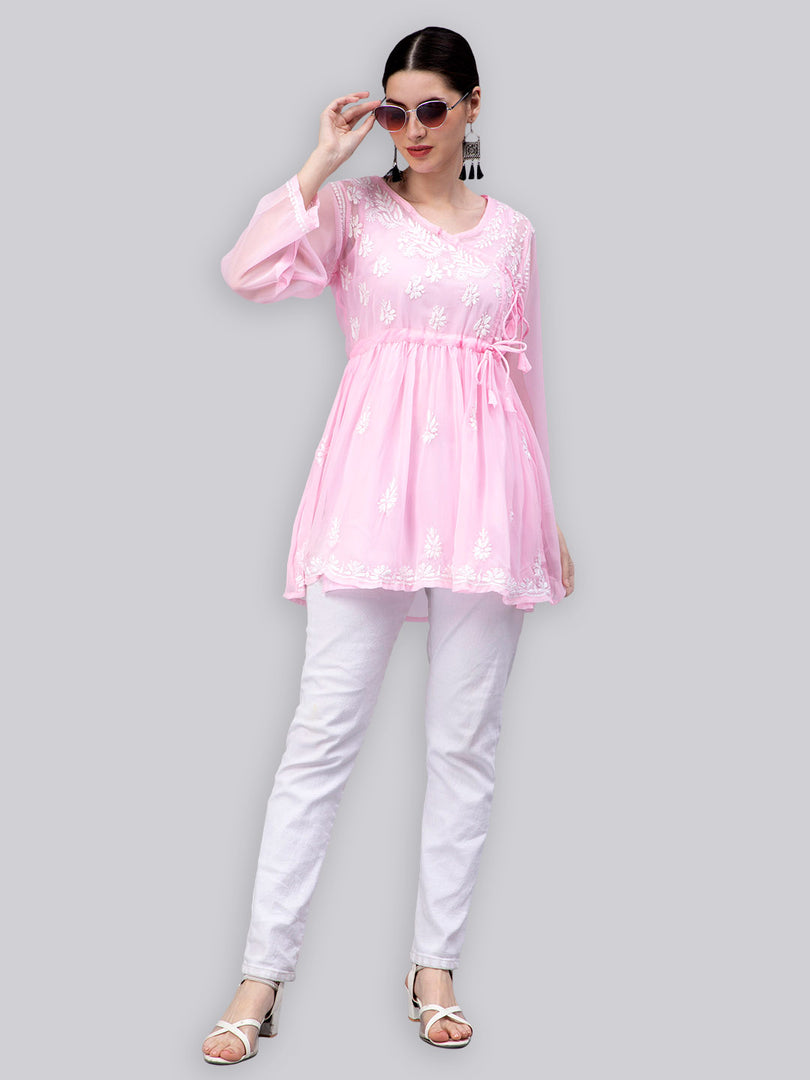 Seva Chikan Hand Embroidered Georgette Lucknowi Chikankari Top With Slip