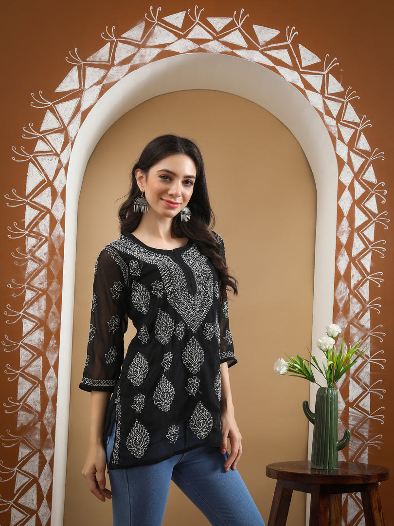 Seva Chikan Hand Embroidered Georgette Lucknowi Chikankari Top With Slip