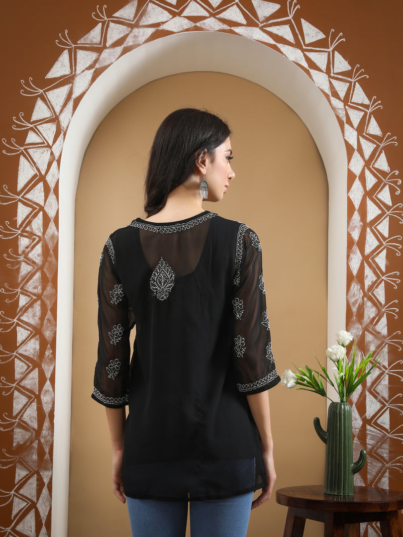 Seva Chikan Hand Embroidered Georgette Lucknowi Chikankari Top With Slip