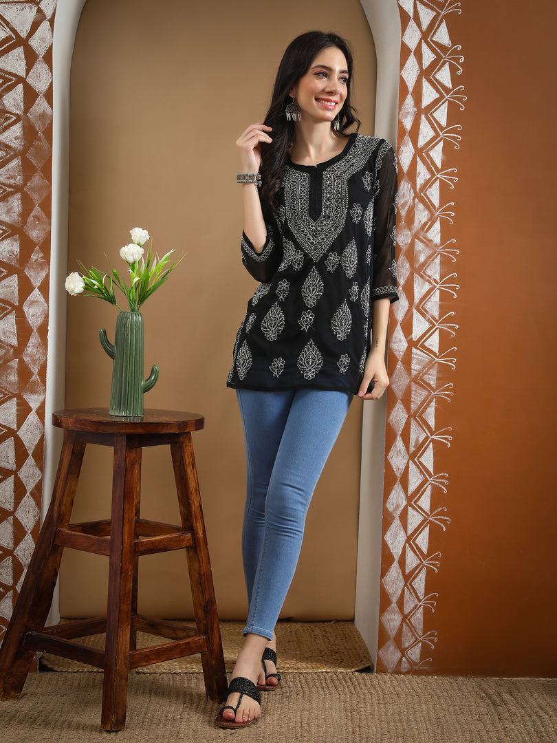 Seva Chikan Hand Embroidered Georgette Lucknowi Chikankari Top With Slip