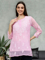 Load image into Gallery viewer, Seva Chikan Hand Embroidered Pink Georgette Lucknowi Chikankari Top With Slip