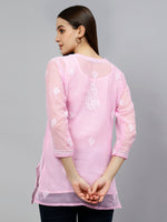 Load image into Gallery viewer, Seva Chikan Hand Embroidered Pink Georgette Lucknowi Chikankari Top With Slip