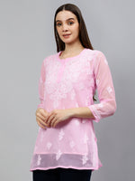 Load image into Gallery viewer, Seva Chikan Hand Embroidered Pink Georgette Lucknowi Chikankari Top With Slip