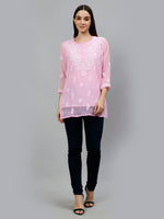 Load image into Gallery viewer, Seva Chikan Hand Embroidered Pink Georgette Lucknowi Chikankari Top With Slip
