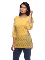 Load image into Gallery viewer, Seva Chikan Hand Embroidered Yellow Cotton Lucknowi Chikankari Short Top-SCL0179