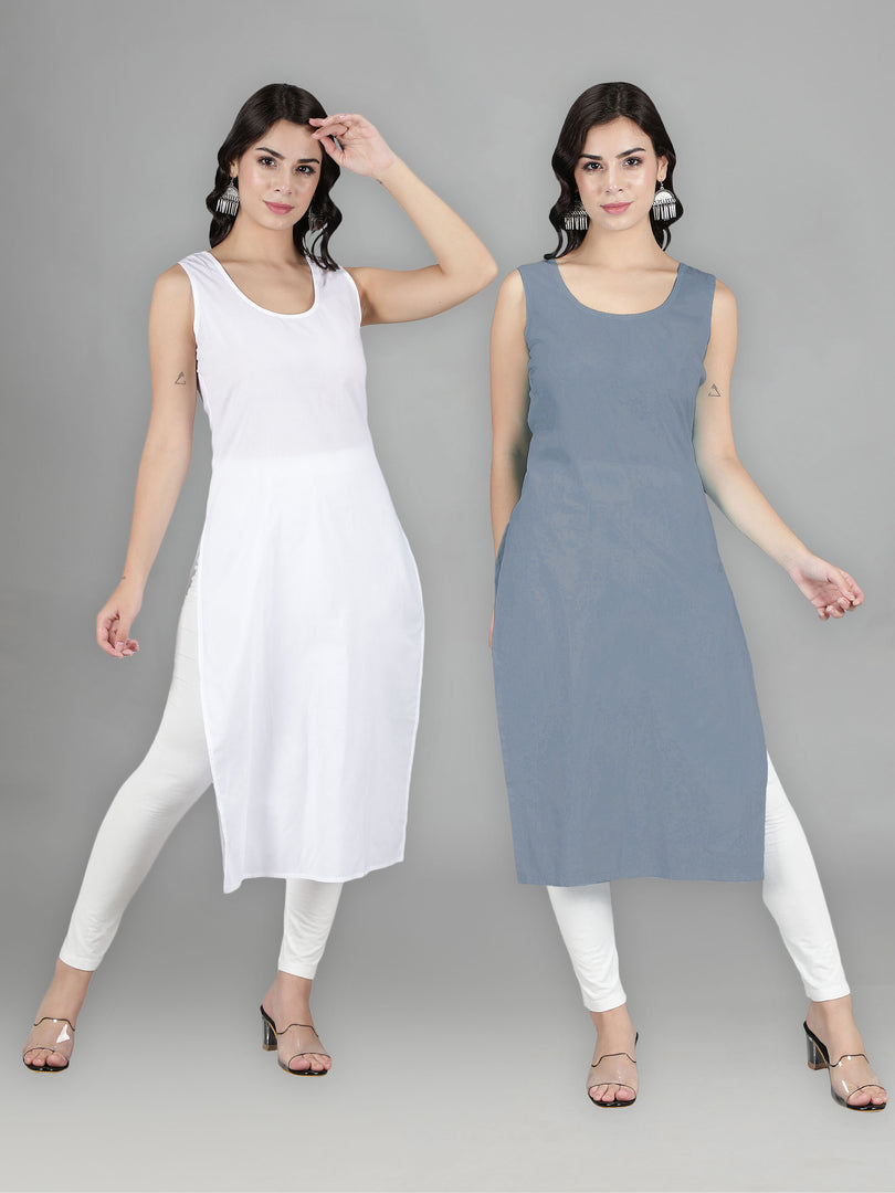 Seva Chikan Cotton Long Slips Combo of White (Pack of 2)