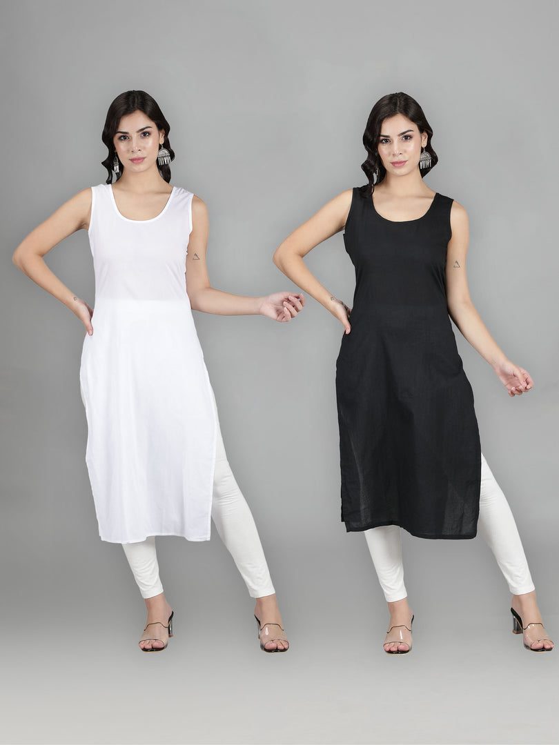 Seva Chikan Cotton Long Slips Combo Of Black (Pack of 2)