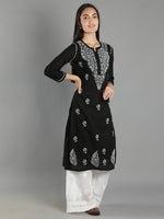 Load image into Gallery viewer, Seva Chikan Hand Embroidered Black Cotton Chikankari Kurta