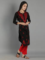 Load image into Gallery viewer, Seva Chikan Hand Embroidered Black Cotton Chikankari Kurta