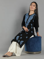 Load image into Gallery viewer, Seva Chikan Hand Embroidered Black Cotton Chikankari Kurta
