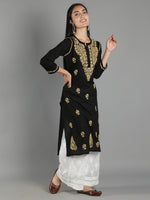 Load image into Gallery viewer, Seva Chikan Hand Embroidered Black Cotton Chikankari Kurta