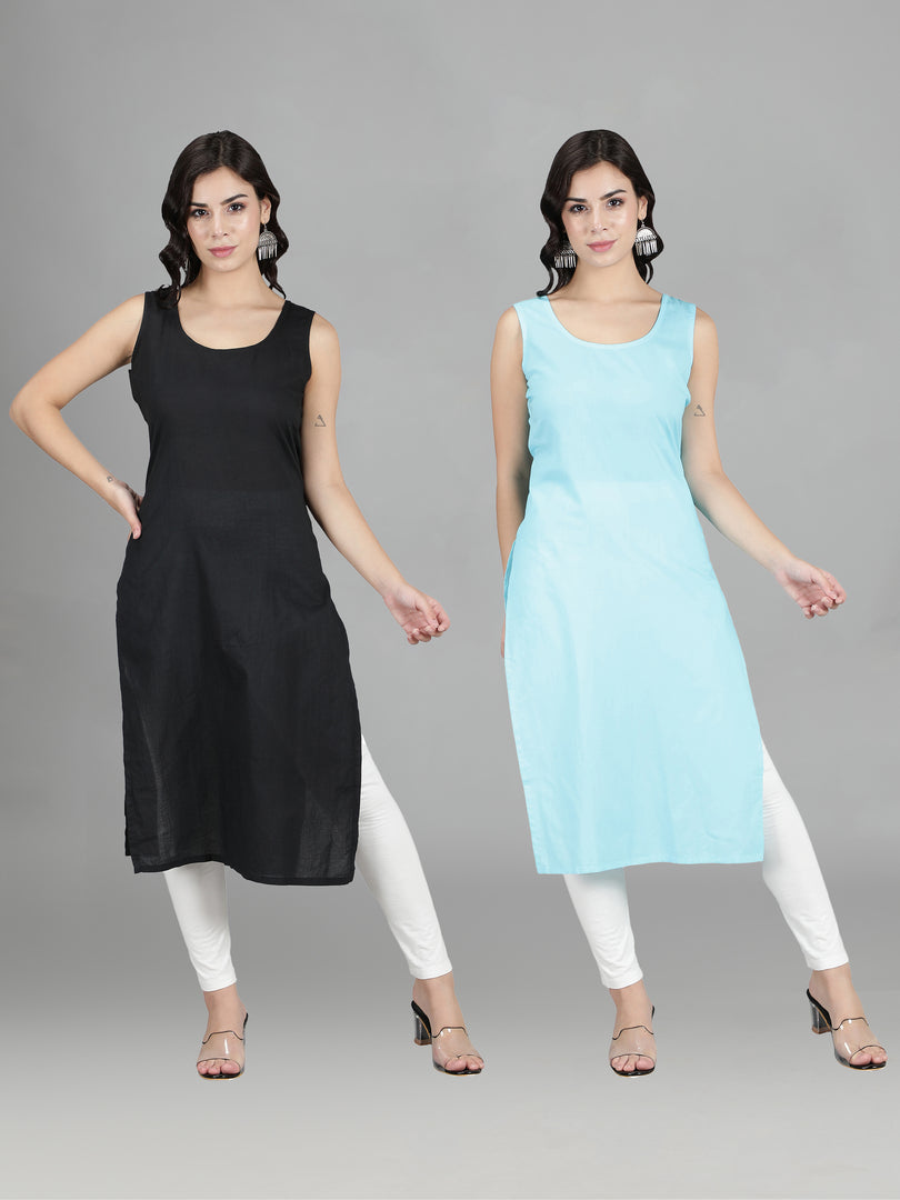 Seva Chikan Cotton Long Slips Combo Of Black (Pack of 2)